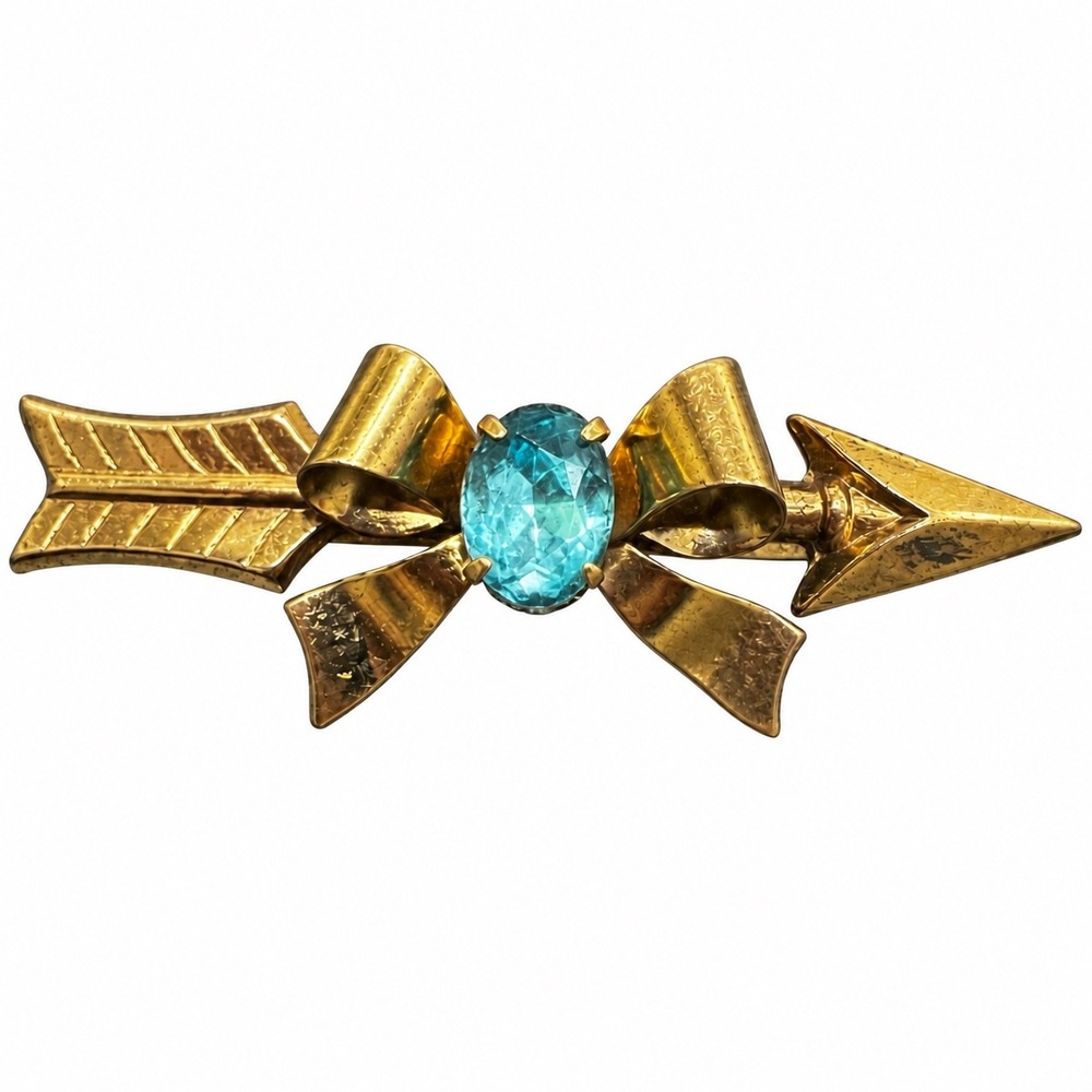 Coro Brooch Vtg Gold Tone Blue UV Reactive Stone Arrow Bow Pin 2.5"